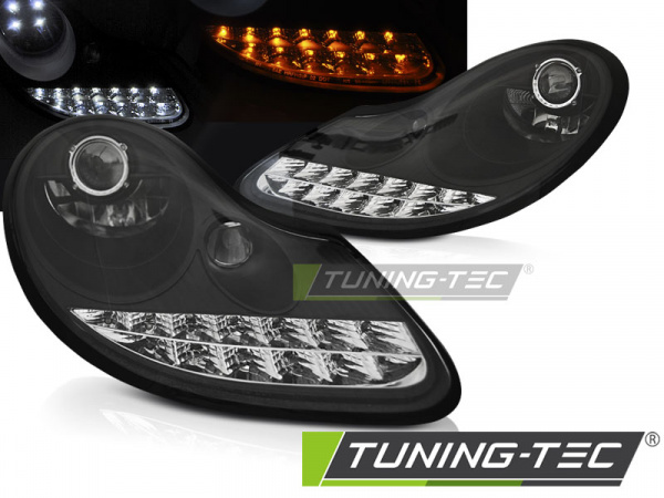 LED Tagfahrlicht Design Scheinwerfer für Porsche Boxster 986 / 911 996 96-04 schwarz mit LED Blinker